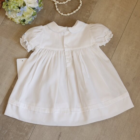 White Smocked Dress Bonnet and Bloomer Set Blue Embroidery Boutique Portrait NEW - Picture 3 of 7